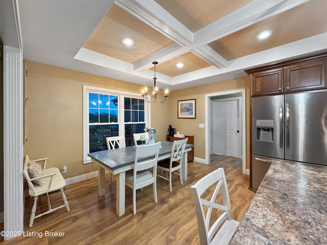 444 Wire Ln, Bardstown, KY 40004 - dining area with an inviting chandelier, baseboards, light wood-style flooring, and coffered ceiling