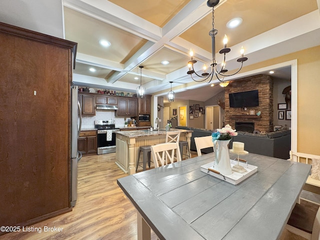 444 Wire Ln, Bardstown, KY 40004 - dining room featuring coffered ceiling, light wood-type flooring, beam ceiling, a fireplace, and a notable chandelier