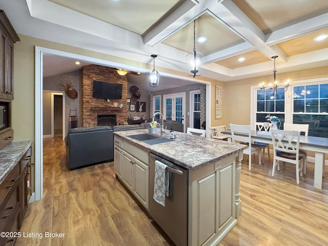 444 Wire Ln, Bardstown, KY 40004 - kitchen featuring light wood finished floors, a sink, coffered ceiling, dishwasher, and a fireplace
