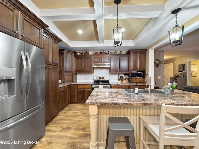 444 Wire Ln, Bardstown, KY 40004 - kitchen featuring light wood finished floors, a sink, coffered ceiling, under cabinet range hood, and appliances with stainless steel finishes