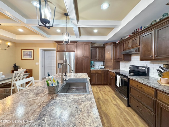 444 Wire Ln, Bardstown, KY 40004 - kitchen with a sink, appliances with stainless steel finishes, light wood finished floors, coffered ceiling, and under cabinet range hood