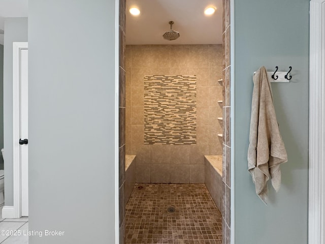 444 Wire Ln, Bardstown, KY 40004 - bathroom with a tile shower, toilet, tile patterned floors, and recessed lighting