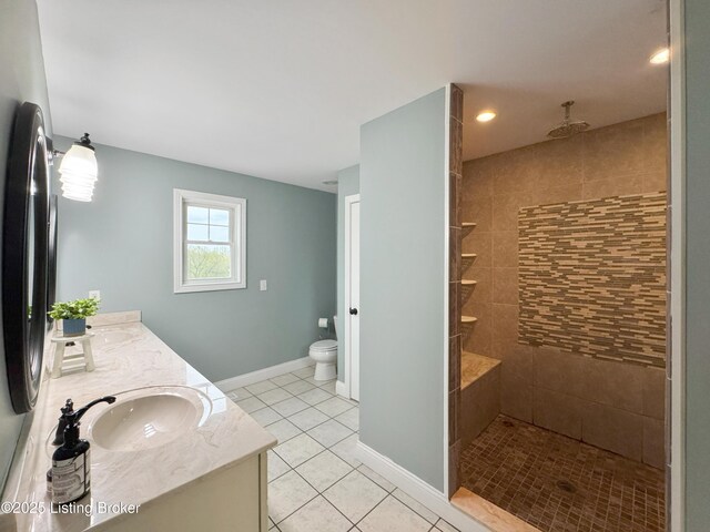 444 Wire Ln, Bardstown, KY 40004 - bathroom with a sink, double vanity, toilet, a tile shower, and tile patterned flooring