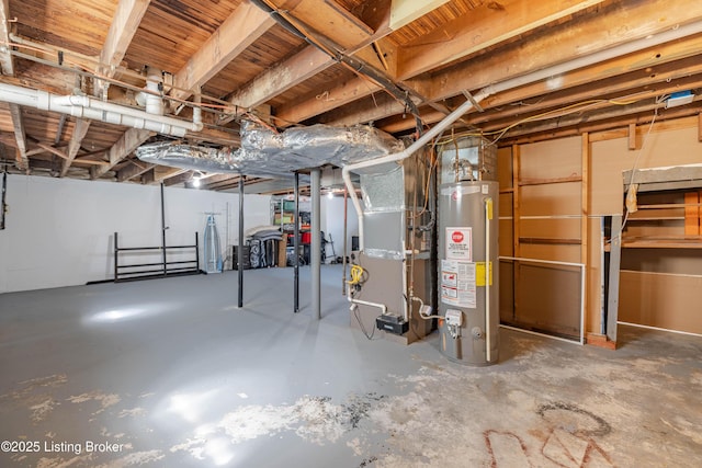 unfinished below grade area with water heater and heating unit