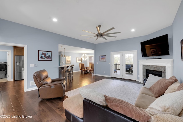 178 Bluffs Edge Dr, Mt Washington, KY 40047 - living room with ceiling fan with notable chandelier, dark wood-type flooring, recessed lighting, washer / dryer, and baseboards