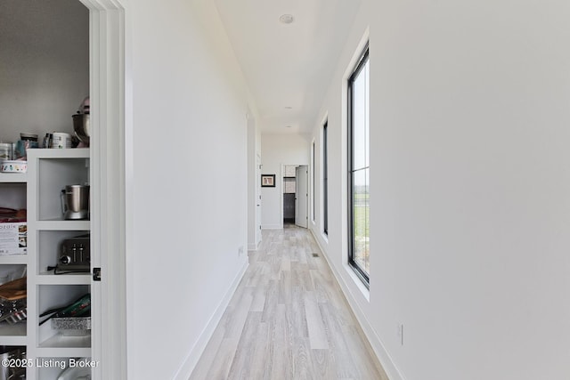 hall featuring baseboards, light wood-style floors, and plenty of natural light