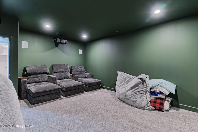 cinema with baseboards, recessed lighting, and carpet