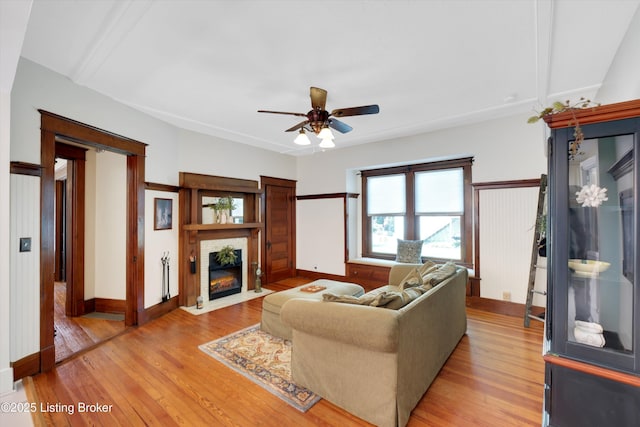 205 Birch Ave, La Grange, KY 40031 - living room with a ceiling fan, a fireplace with flush hearth, and light wood-style flooring