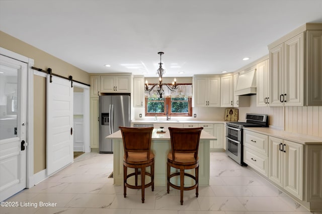 205 Birch Ave, La Grange, KY 40031 - kitchen featuring a sink, a chandelier, stainless steel appliances, custom exhaust hood, and marble finish floor