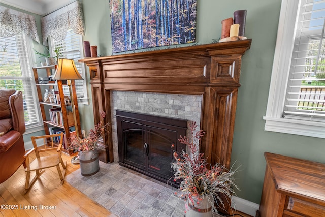 interior details with wood finished floors, baseboards, and a fireplace