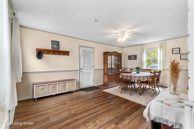 dining room featuring baseboards, a ceiling fan, wood finished floors, and a textured ceiling