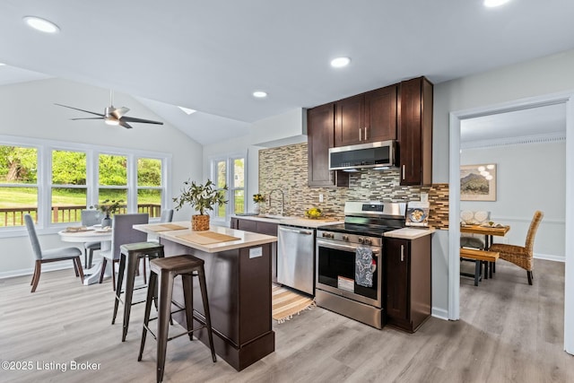 kitchen featuring light countertops, dark brown cabinetry, light wood-style flooring, tasteful backsplash, and appliances with stainless steel finishes