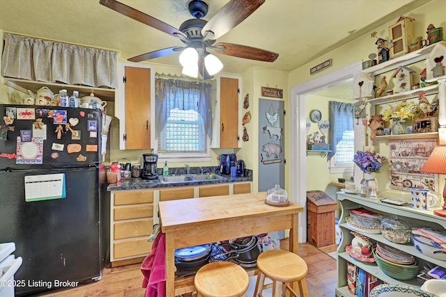 kitchen with light wood-style flooring, a sink, dark countertops, freestanding refrigerator, and a ceiling fan