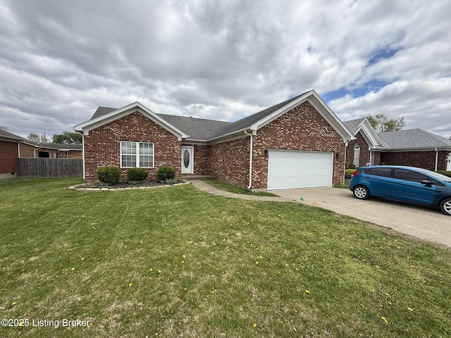 7213 Hassock Dr, Louisville, KY 40258 - ranch-style house featuring a front yard, fence, brick siding, a garage, and concrete driveway