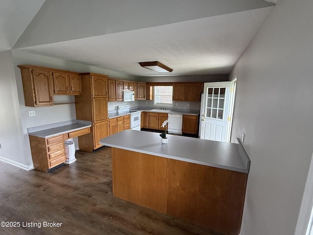 7213 Hassock Dr, Louisville, KY 40258 - kitchen featuring baseboards, white appliances, brown cabinetry, dark wood finished floors, and a sink
