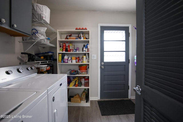 7407 Meadow Rd, Crestwood, KY 40014 - laundry room with cabinet space, separate washer and dryer, wood finished floors, and baseboards