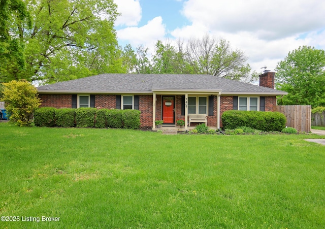 7407 Meadow Rd, Crestwood, KY 40014 - ranch-style house with a chimney, brick siding, a porch, and roof with shingles