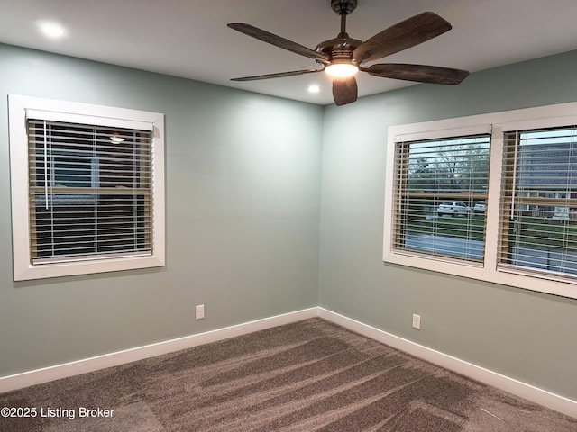 unfurnished room with baseboards, carpet floors, recessed lighting, and ceiling fan