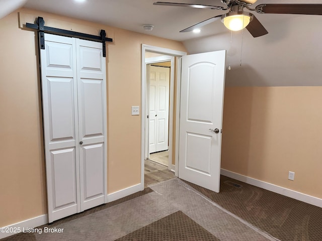 additional living space with baseboards, carpet flooring, recessed lighting, and ceiling fan