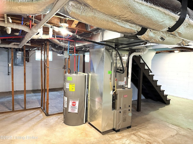 unfinished below grade area featuring water heater, electric panel, stairs, and heating unit