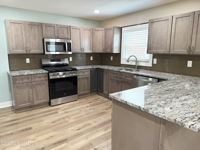 kitchen with light wood finished floors, a sink, decorative backsplash, light stone countertops, and appliances with stainless steel finishes