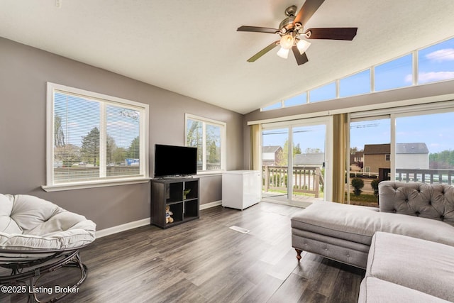 10000 Charleswood Rd, Louisville, KY 40229 - living room featuring ceiling fan, vaulted ceiling, wood finished floors, and baseboards