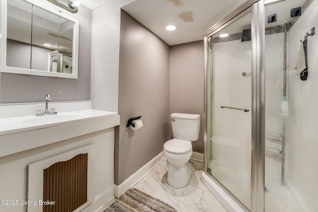 10000 Charleswood Rd, Louisville, KY 40229 - bathroom with a stall shower, toilet, baseboards, marble finish floor, and vanity