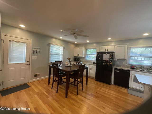 dining space featuring ceiling fan, recessed lighting, visible vents, and light wood-style flooring