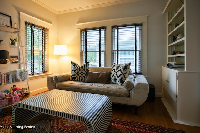 216 Cornell Pl, Louisville, KY 40207 - living room featuring crown molding, wood finished floors, and baseboards