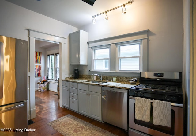 216 Cornell Pl, Louisville, KY 40207 - kitchen with appliances with stainless steel finishes, a sink, dark wood-style floors, track lighting, and gray cabinetry