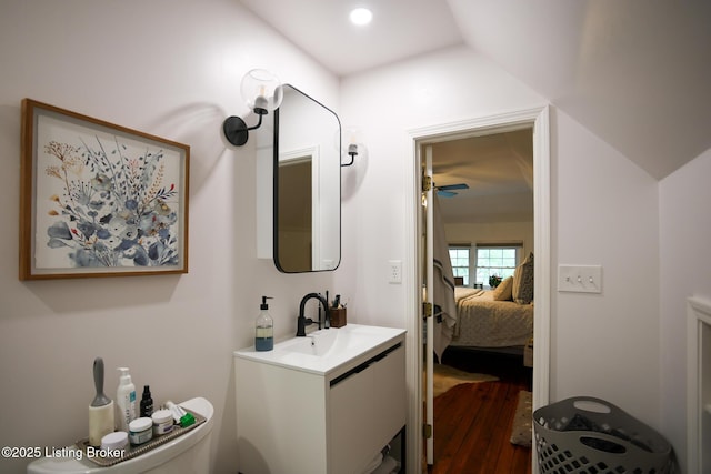 216 Cornell Pl, Louisville, KY 40207 - bathroom with vanity, toilet, wood finished floors, a ceiling fan, and lofted ceiling