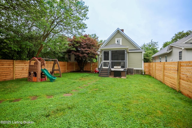 216 Cornell Pl, Louisville, KY 40207 - back of property featuring a sunroom, a playground, and a chimney