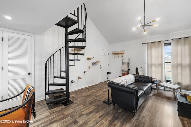living room featuring baseboards, a notable chandelier, stairway, high vaulted ceiling, and dark wood-type flooring