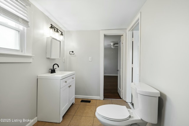 bathroom with tile patterned flooring, visible vents, toilet, vanity, and baseboards