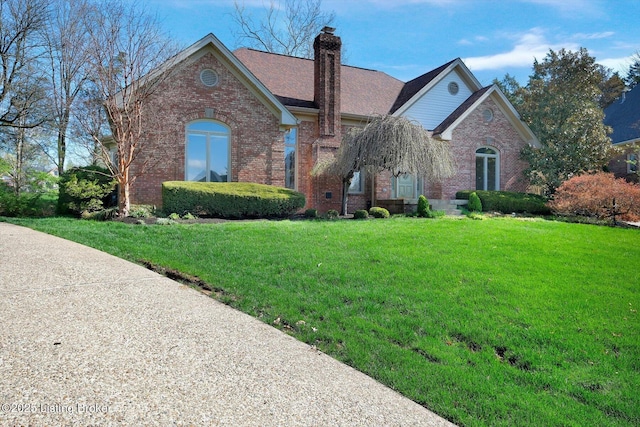 view of front of property with a chimney, brick siding, and a front yard