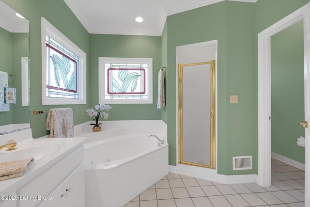 full bathroom with a bath, a shower stall, tile patterned flooring, and visible vents