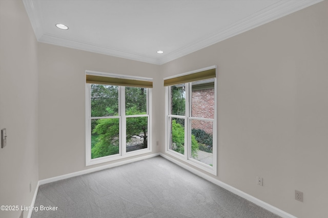 unfurnished room with a healthy amount of sunlight, carpet flooring, crown molding, and recessed lighting