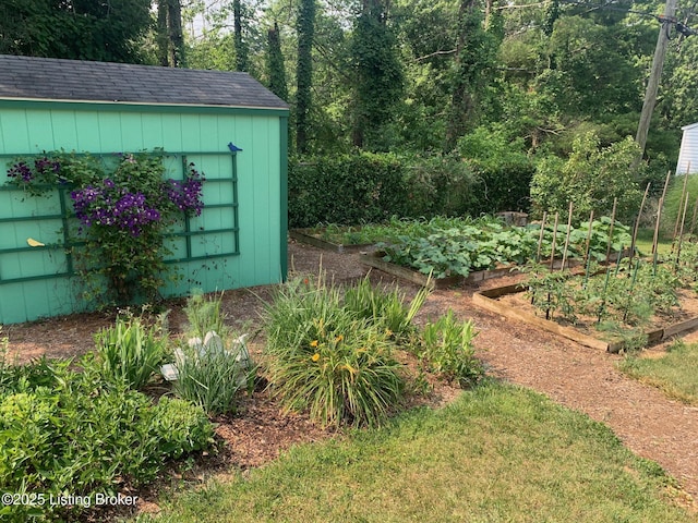 view of yard with a storage unit, a garden, and an outbuilding
