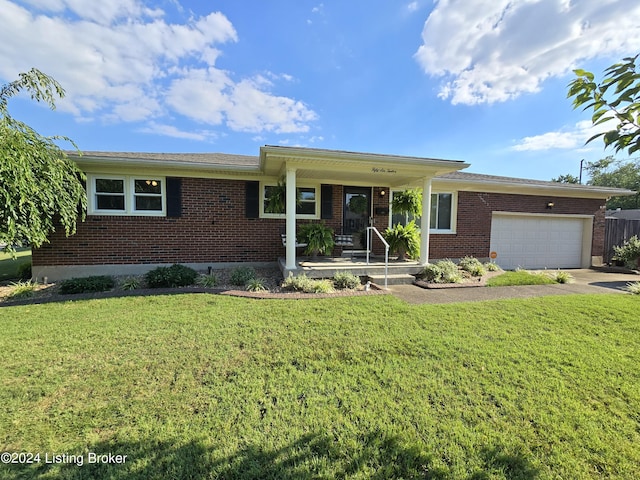 single story home featuring an attached garage, covered porch, a front lawn, and brick siding