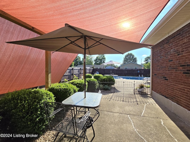 view of patio / terrace featuring a fenced backyard, a fenced in pool, and outdoor dining space