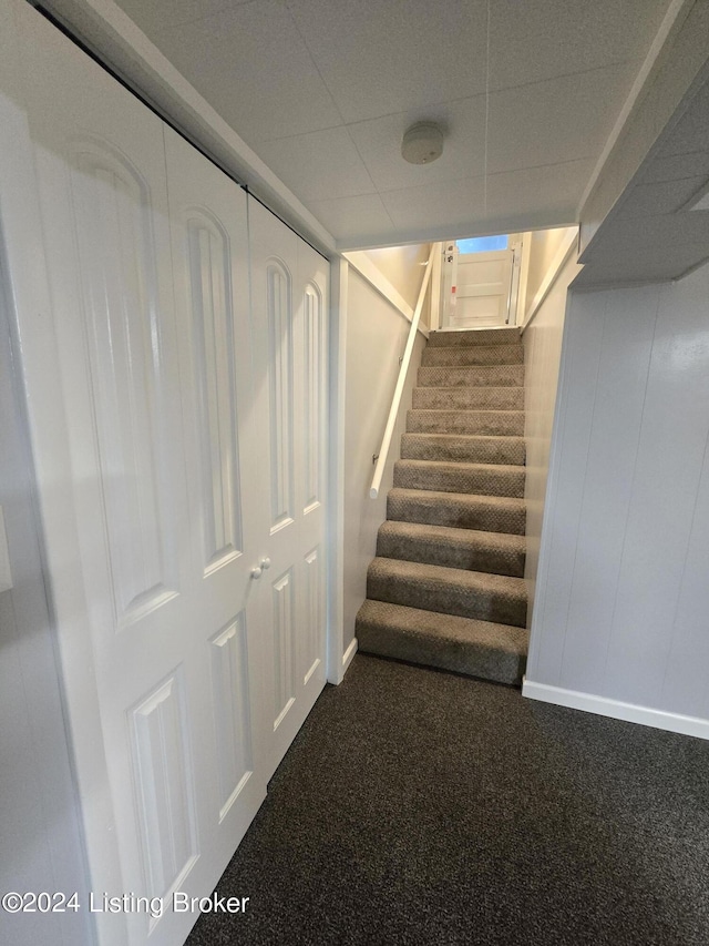 staircase with baseboards and carpet flooring