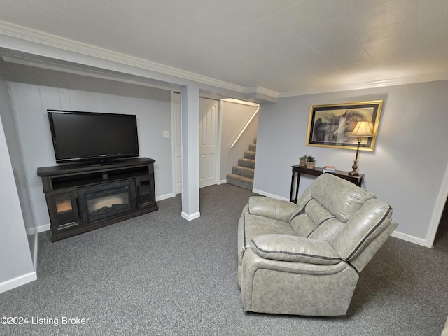 carpeted living room with baseboards, stairway, and crown molding