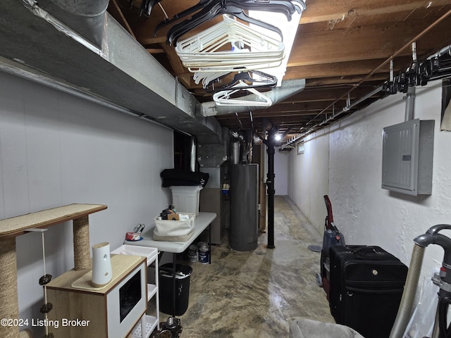 below grade area featuring gas water heater and electric panel
