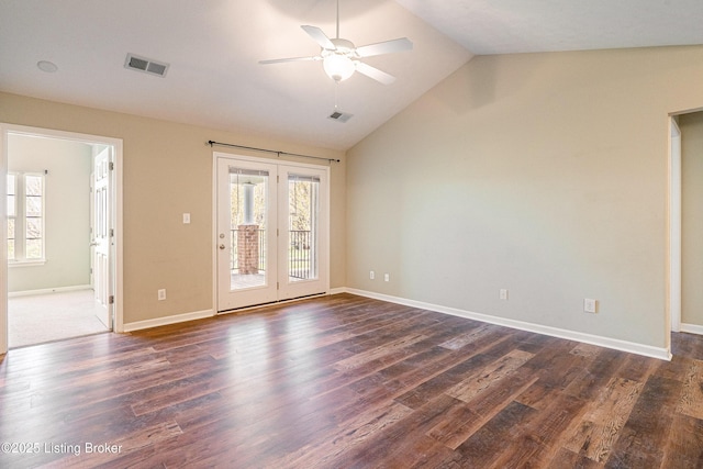 10202 Deer Vista Dr Unit 202, Louisville, KY 40291 - empty room featuring a ceiling fan, lofted ceiling, dark wood-style flooring, baseboards, and french doors