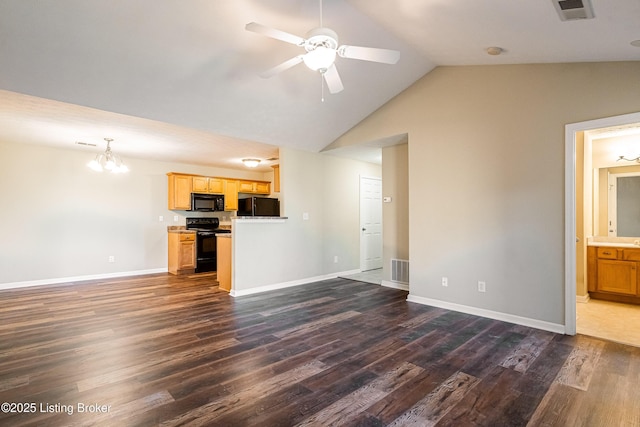 10202 Deer Vista Dr Unit 202, Louisville, KY 40291 - unfurnished living room with a chandelier, dark wood finished floors, a ceiling fan, baseboards, and high vaulted ceiling