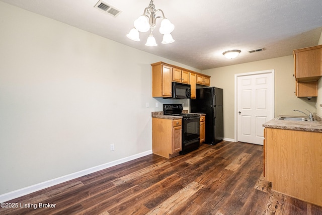 10202 Deer Vista Dr Unit 202, Louisville, KY 40291 - kitchen featuring black appliances, a sink, dark wood-style flooring, a chandelier, and baseboards