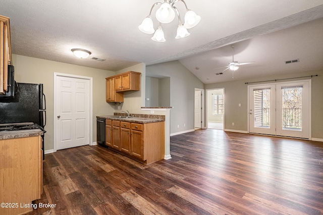 10202 Deer Vista Dr Unit 202, Louisville, KY 40291 - kitchen with a sink, dark wood-style flooring, vaulted ceiling, a chandelier, and open floor plan