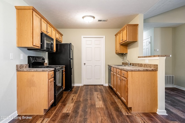 10202 Deer Vista Dr Unit 202, Louisville, KY 40291 - kitchen featuring black appliances, a sink, baseboards, and dark wood-style flooring