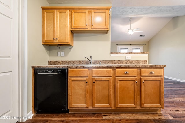 10202 Deer Vista Dr Unit 202, Louisville, KY 40291 - kitchen with black dishwasher, a sink, dark wood finished floors, a ceiling fan, and vaulted ceiling