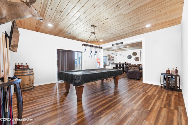 6357 Clore Ln, Crestwood, KY 40014 - playroom with wood ceiling, recessed lighting, billiards, wood finished floors, and baseboards